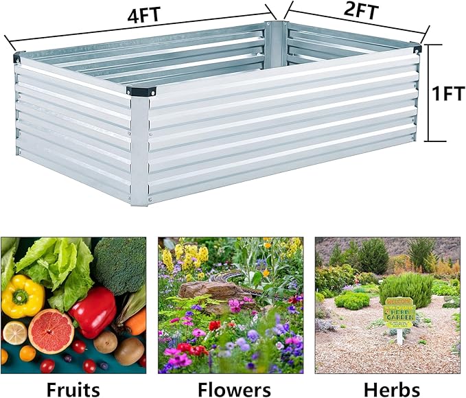 2 Pack 4x2x1FT Galvanized Raised Garden Bed Kit, Outdoor Metal Planter Box for Vegetables, Bottomless Rectangular Gardening Bed with Support Rods, Tool-Free Assembly, Silver Meberam
