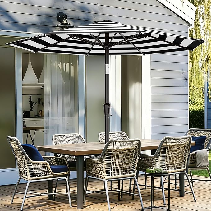 AreShark 9 FT Patio Umbrella for Outdoor, Outdoor Table Umbrella with Push Button Tilt and Crank, Outdoor Patio Umbrellas with 8 Sturdy Ribs for Market, Garden, Pool (Black & White Stripe) Rootora