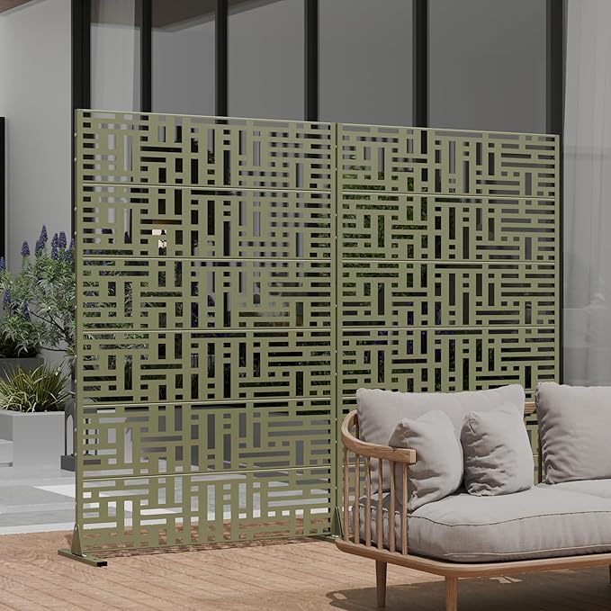 Casaphoria Metal Privacy Screen Outdoor, 72" H x 47" W Freestanding Decorative Privacy Screen for Patio Deck Balcony Garden with Stable Base, Green-Helen Casaphoria