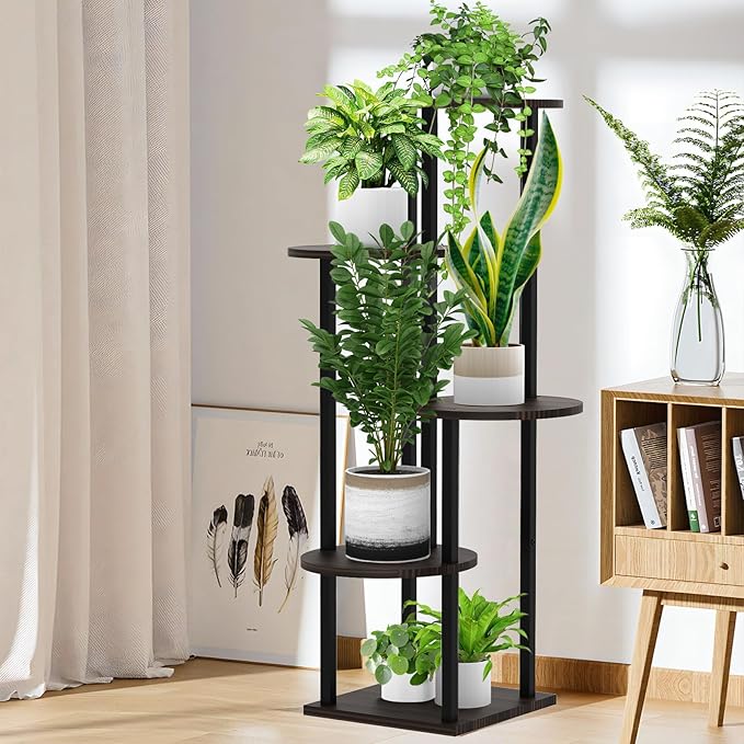 5 Tier Wood Tall Plant Stand Metal Rack Indoor, Multiple Flower Pot Holder Shelves Corner Rack, Round Planter Shelf Display Rack Storage Organizer for Patio Living Room Balcony(Black Oak) YOCOMEY