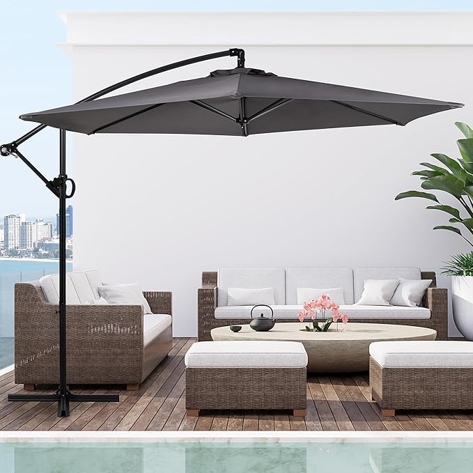 Shintenchi Patio Offset Umbrella with Easy Tilt Adjustment,Crank and Cross Base, Outdoor Cantilever Hanging Umbrella, Sunshade Free Standing Canopy, Dark Gray Shintenchi