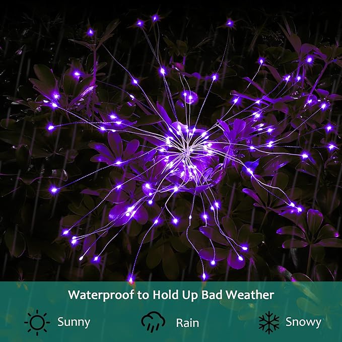 JJGoo Solar Firework Lights, 2 Pack 180 LEDs 2 Lighting Modes Solar Lights Outdoor Waterproof for Garden Patio Walkway Pathway Party Wedding Christmas Decorative - Purple JJGoo