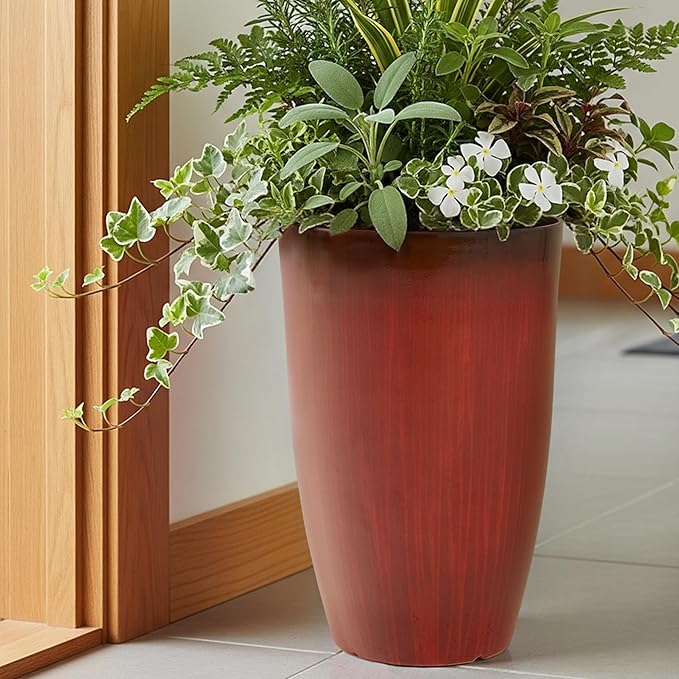 Worth Garden 20" H. Plastic Planters - Set of 2 Gradient Red Glossy Smooth Finish - Tall Plant Pots Drain Hole for Indoor Outdoor Use - Decorative Lightweight Flower Pots for Front Porch, Patio, Deck WORTH
