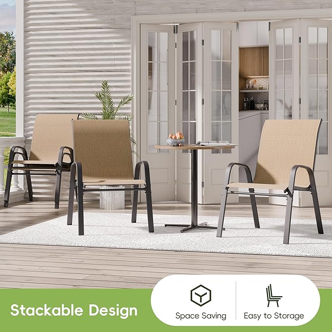 Patio Chairs Set of 4, Outdoor Dining Chairs Stackable for All Weather, Breathable Metal Modern Outside Furniture Chair for Pool Side, Garden, Backyard Deck, Brown furniture