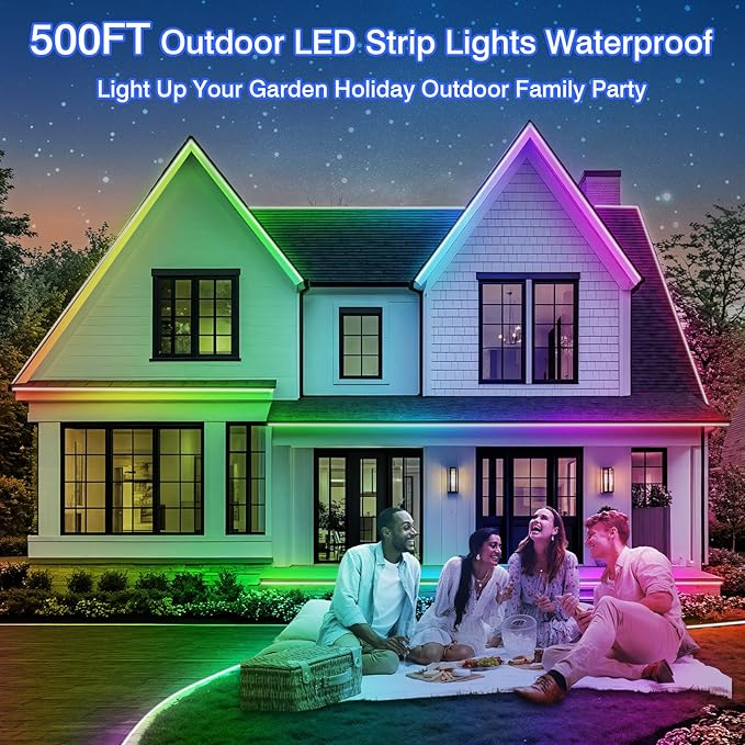 zoegi 500ft Outdoor LED Strip Lights Waterproof,Music Sync RGB IP68 Outside Led Light Strips Waterproof with App and Remote,Exterior Led Rope Lights for Deck,Balcony,Roof,Garden,Pool (500FT) Rootora
