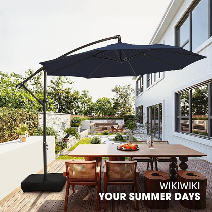 wikiwiki 10ft Patio Umbrella with Base Included, Outdoor Offset Cantilever Umbrella with Sandbag Base for Backyard, Garden and Pool, Easy to Tilt and Crank, Navy Blue WikiwikiPatioUmbrellas