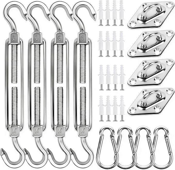yofit 44 Pcs Shade Sail Hardware Kit, 6 Inch Outdoor Sun Sail Accessories, 304 Stainless Steel Turnbuckles & Brackets for Triangle/Rectangle Sails, Patio Canopy Installation Hardware Set Waterproof yofit