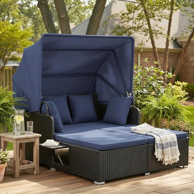 Tangkula Patio Rattan Daybed with Retractable Canopy, Outdoor Wicker Sunbed Lounger with 2 Foldable Side Tables, Thick Seat & Back Cushions, Outside Double Daybed for Garden, Backyard, Porch, Navy TANGKULA