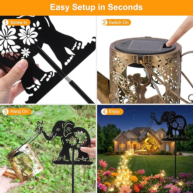 Solar Watering Can Lights Outdoor Decor with Elephant Stake & Fairy Silhouettes, Cascading String Lights for Garden, Patio, Yard - Waterproof Solar Powered Gift for Mom, Housewarming, Birthday Tremdwoto
