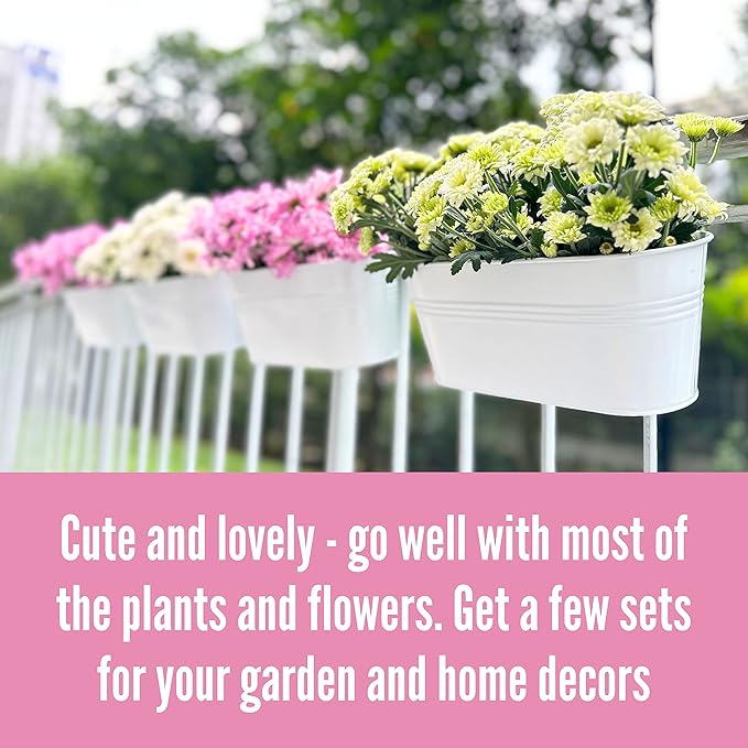 LaLaGreen Rail Planter Outdoor (6 Pack, 11.8 Inch) White Metal Iron Hanging Flower Pots Deck Railings Fence Buckets Modern Countryside Boho Style Wall Mount Window Box Plant Holder Hooks Porch Decor L%C3%A1L%C3%A1Green