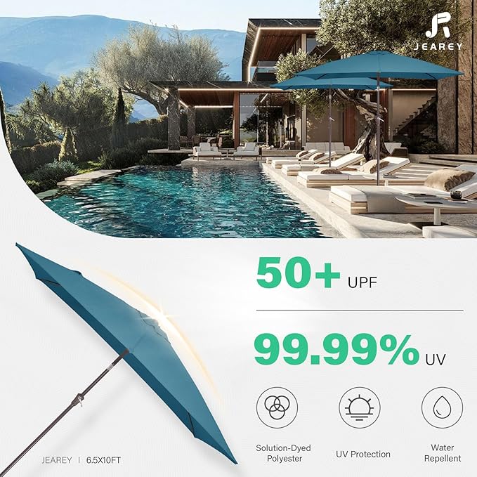 JEAREY 6.5x10 ft Rectangular Patio Umbrellas Rectangle Outdoor Umbrella with Push Button Tilt and Crank, Market Table Umbrella 6 Sturdy Ribs UV Protection for Poolside Garden Backyard Deck, Lake Blue JEAREYOutdoorsCollection