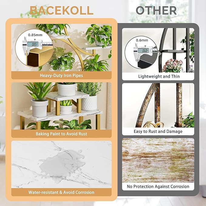 Plant Stand Indoor with Grow Lights - 62" Tall Plant Shelf, Lighted Corner Plant Stands for Indoor Growing, 8 Tiered Large Flower Holder, S-Shaped Plants Rack for Living Room, Bedroom, Faux Marble BACEKOLL