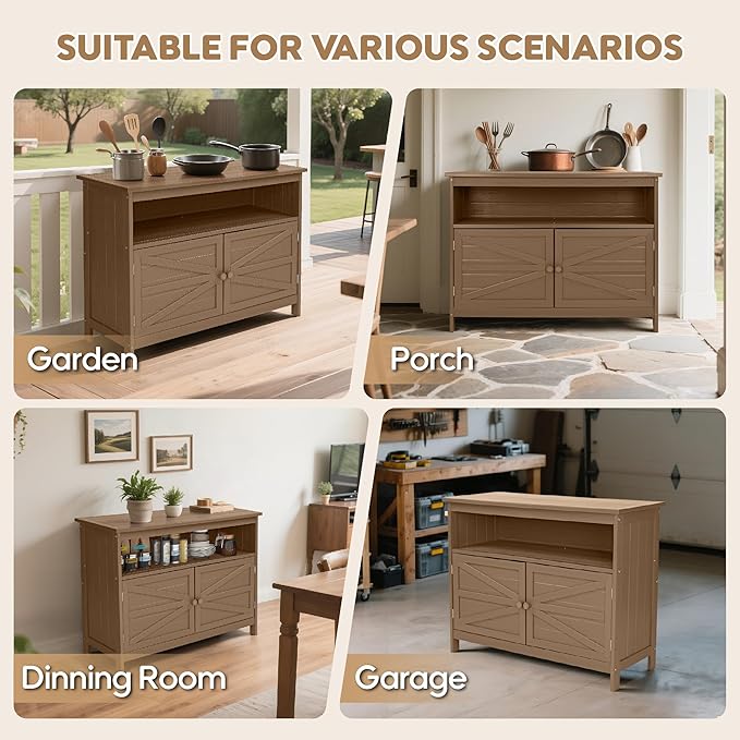 HIPS All-Weather Outdoor Storage Cabinet,Outdoor Sideboard with Magnetic Doors,3-Shelves Patio Storage Cabinet, Used for Garden,Buffet Cabinet,TV Stand, Bar Table,Balcony CONGFUTT