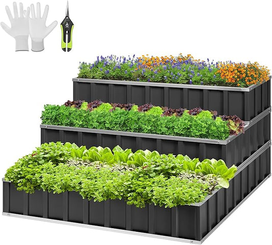 VIVOSUN 3-Tier Metal Raised Garden Bed, 46" x 46" x 24" Galvanized Steel Metal Outdoor Planter Box with Gloves and Scissors to Grow Flowers, Vegetables and Herbs for Outdoor Gardening, Dark Gray VIVOSUN