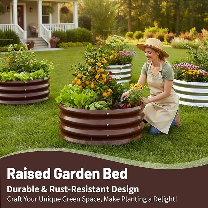 GOOZOO 2PC Galvanized Planter Raised Garden Beds, 2x2x1ft Raised Garden Bed Kit for Gardening Outdoor, Round Metal Land Planter Box for Vegetables, Fruits, Flowers（Brown） GOOZOO