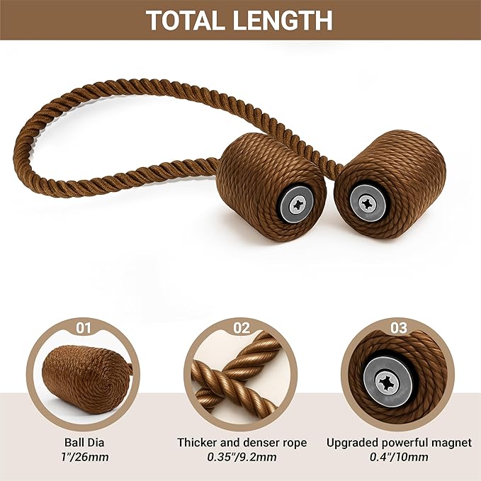 Hion Magnetic Curtain Tiebacks Dark Brown 2pcs, Curtain Tiebacks Buckles Holdbacks Holders Hooks Clip for Home Bedroom Office Decorative Curtain Hion