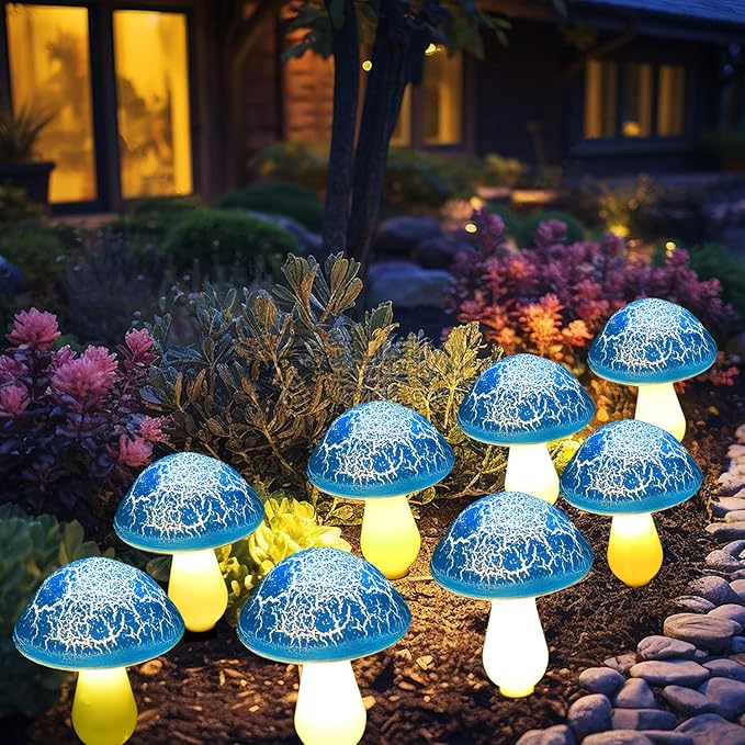Solar Mushroom Lights Garden Decor 8 Blue Crack Mushrooms Outdoor Decor Stake Lights, Waterproof Solar Pathway Light Gardening Gifts for Landscape Easter Gnomes Yard Halloween Christmas Decorations Viewpick