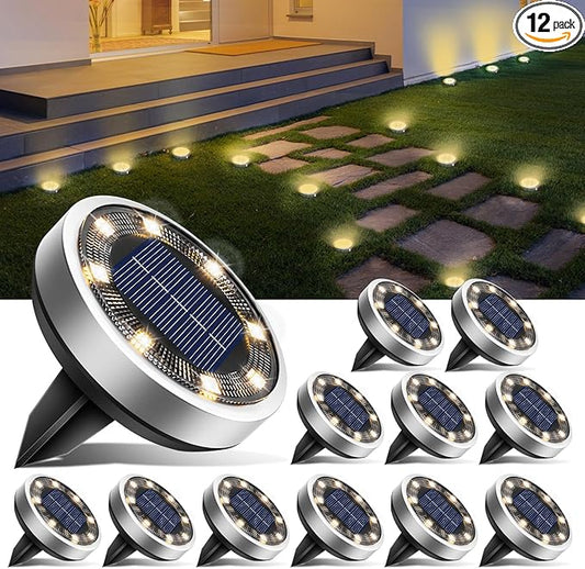 btfarm 12 Pack Solar Lights Outdoor, 8 LED Solar Ground Lights IP65 Waterproof Flat Solar Disc Light, Pathway Lights for Garden Lawn Patio Yard Path Landscape, Warm White btfarmdecorativelighting