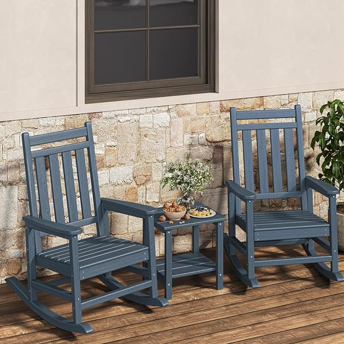 GarveeLife Poly Lumber Rocking Chair Outdoor Set of 2 with Side Table - HDPE High Back Porch Rocker Chairs for Adults - All Weather Resistant Furniture for Patio - Navy Blue GarveeLife
