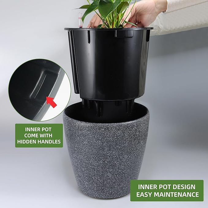 Dexceder 13x12 Self Watering Planter with Wheels Indoor Outdoor, Inner Pot Design, Thickened Large Floor Standing Flower Plant Pot with Water Level Indicator (Stone Matte) Dexceder
