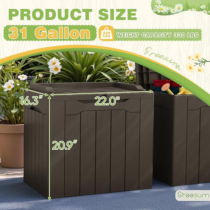 Greesum 31 Gallon Deck Box for Outside, All Weather Outdoor Storage Boxes for Patio Furniture Set, Package Delivery Box, Garden Tools, Brown(Set of 2) BuynowfromGreesum