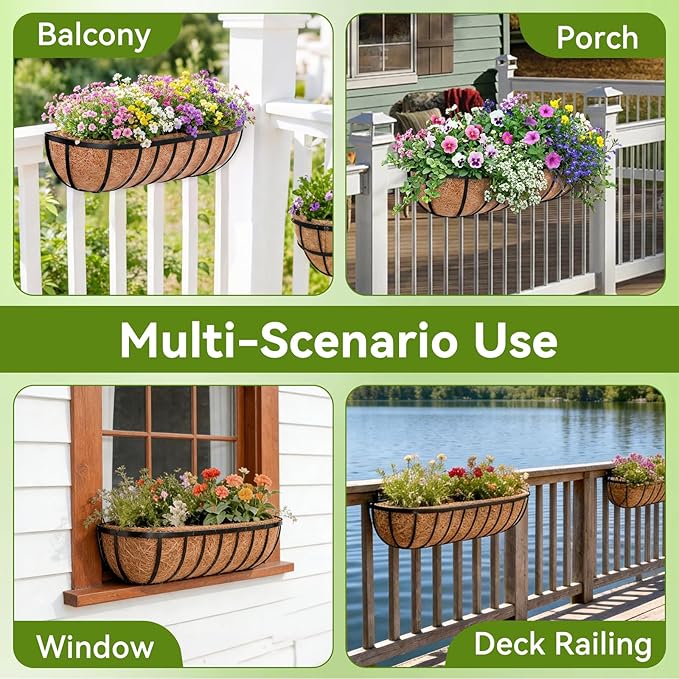 Halatool 2 Pack Heavy-Duty Metal Deck Railing Planter Box, 24 Inch Rust-Resistant Window Boxes Planters with Coco Liner & Adjustable Brackets, Grow More On Your Balcony, Patio & Fence HALATOOL