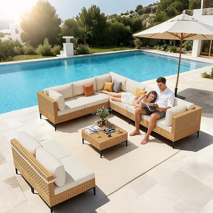 ABCASA Patio Furniture Set, 110" Large 9-Piece Wicker Outdoor Patio Furniture Sets with Anti-Slip Cushions & Coffee Table,Boho Patio Conversation Set Sectional Sofa for Backyard,Porch,Deck,Beige ABCASA