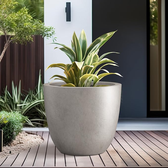 Kante 10 Inch Dia Round Concrete Planter, Indoor Outdoor Large Plant Pot with Drainage Hole and Rubber Plug for Home Patio Garden, Weathered Concrete Kante