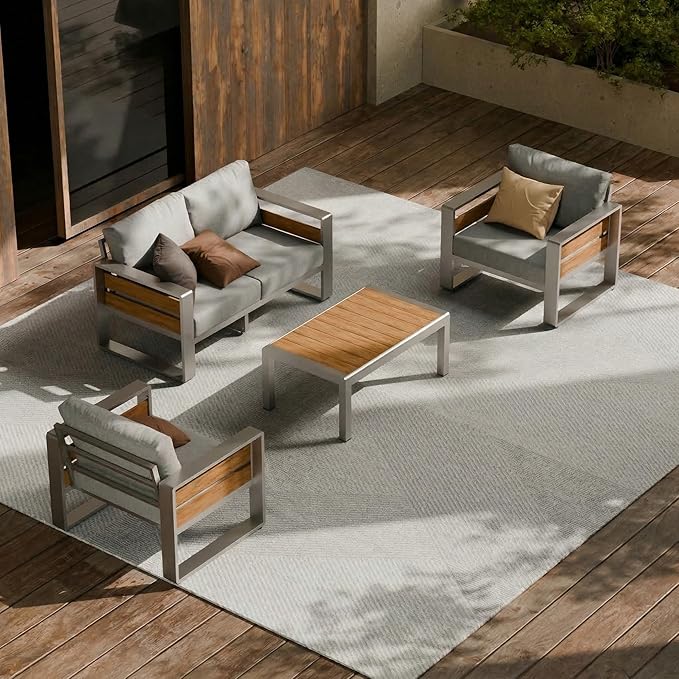 ZANDOR Outdoor Patio Conversation Sets, 4-Piece Aluminum Metal Outside Sectional Lawn Furniture with Coffee Table & Washable Thick Cushions,Seating Sofa for Garden/Backyard/Porch, Silver ZANDOR%7CCraftingYourOutdoorElegance