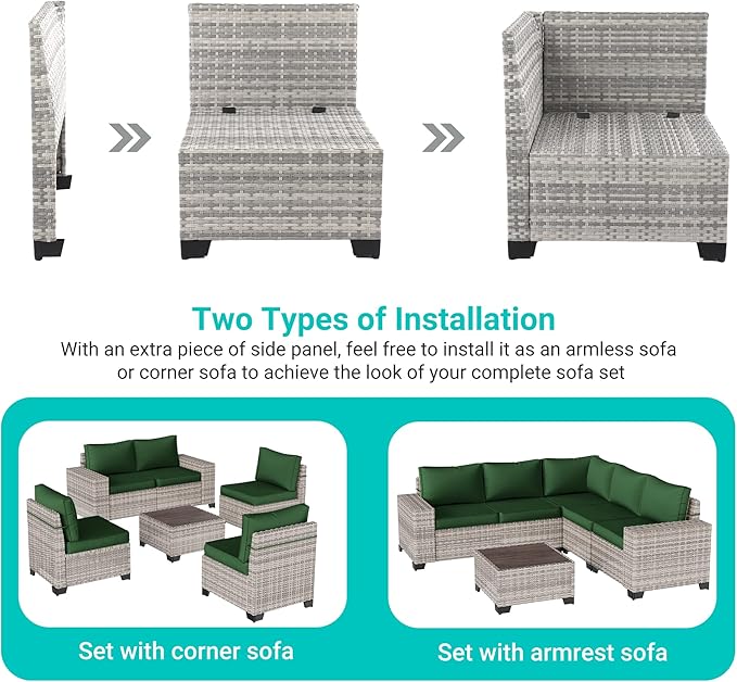 12-Piece Outdoor Patio Furniture Set Wicker Sectional Sofa Set, Patio Conversation Set with Thickened Cushions & Coffee Table for Garden, Backyard, Poolside, Green MuphyersPatioFurniture
