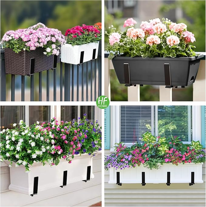 HFHOME 6PCS Adjustable Planter Box Brackets, Brackets for Window Boxes Planters Hanging Flower Box Holders, Wall Mount Holder for Windowsills, Garden, Fences, and Balcony - Black (Patent Registered) HFHOME
