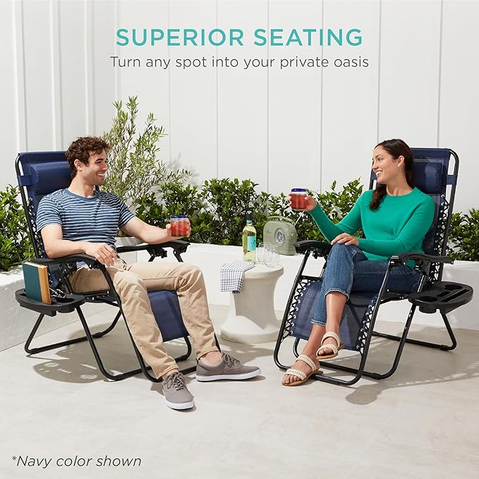 Best Choice Products Set of 2 Adjustable Steel Mesh Zero Gravity Lounge Chair Recliners w/Pillows and Cup Holder Trays - Snow BestChoiceProducts