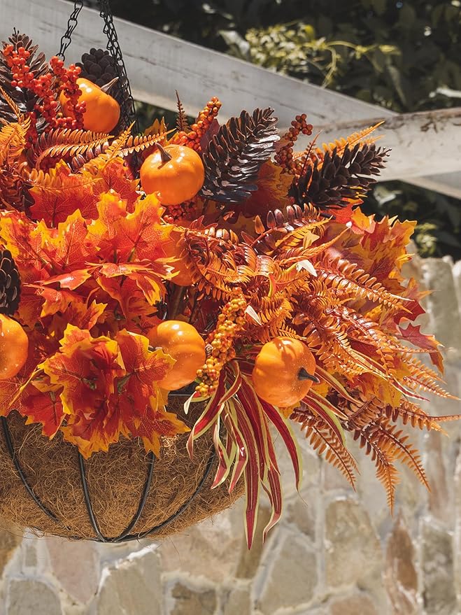 13pcs Outdoor Artificial Maple Leaf Pumpkin Branch with Berry and Maple Leave for Indoor Outside Hanging Plants Garden Porch Window Box Home Wedding Farmhouse Décor Clycaloor