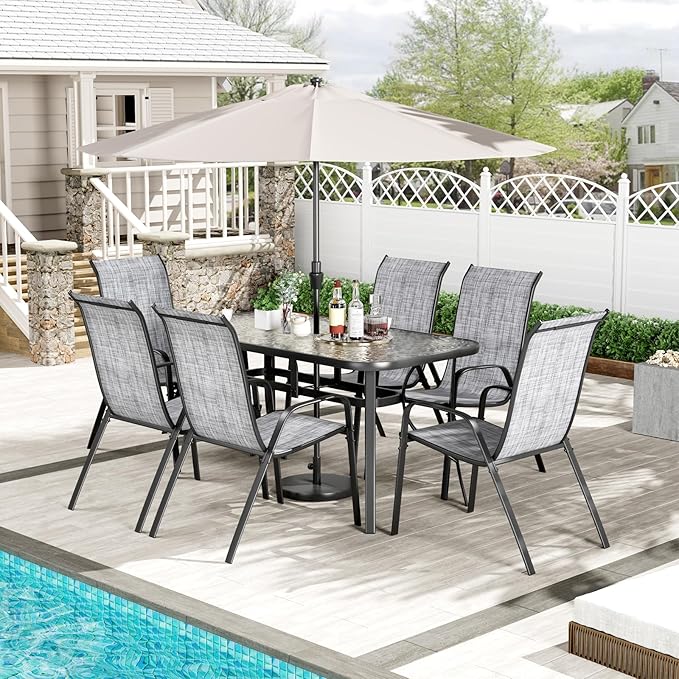 TLSUNNY 7 Pieces Patio Dining Set, Outdoor Table and Chairs W/1.69″ Umbrella Hole, 30"X 55" Table and Stackable Textilene Chair, All Weather Patio Furniture Set (Umbrella not Included) (Grey) TLSUNNY