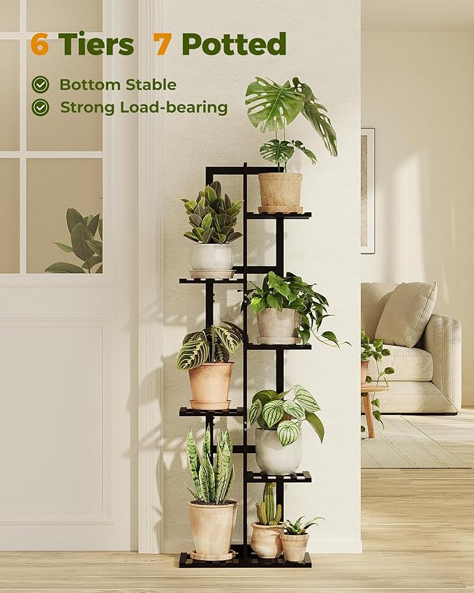 Bamworld Bamboo Plant Stand Indoor 6 Tiered Plant Shelf Outdoor Corner Plant Rack for Multiple Plants Flower Stand Plant Holder for Living Room Bedroom Balcony Patio Garden 48 Inch Black Bamworld