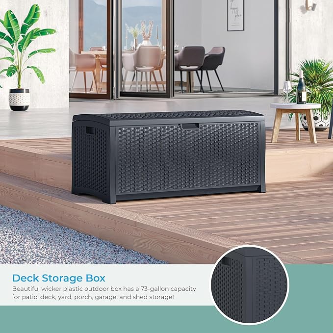 Suncast Outdoor Storage Box - 73 Gallon Cyberspace Resin Wicker Deck Box with Lockable Lid, Outdoor Storage Bin for Patio Cushions, Shoes, Pool & Garden Gear, Made in USA Suncast