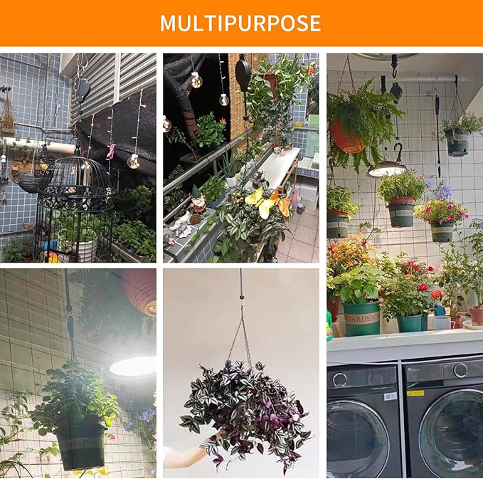 3Pack Retractable Plant Hanger Pulley System with Adjustable Rope Clips-Heavy-Duty for Indoor & Sheltered Outdoor Use(Max 15kg) HOGXUAE