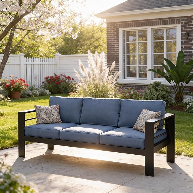 Kiss the Water Outdoor Couch Aluminum Patio Furniture Sofa, 3 Seat All-Weather Metal Patio Couch with 5" Thick and Soft Cushion and Wide Arm, Outdoor Sofa for Balcony, Porch KisstheWaterPatioTool