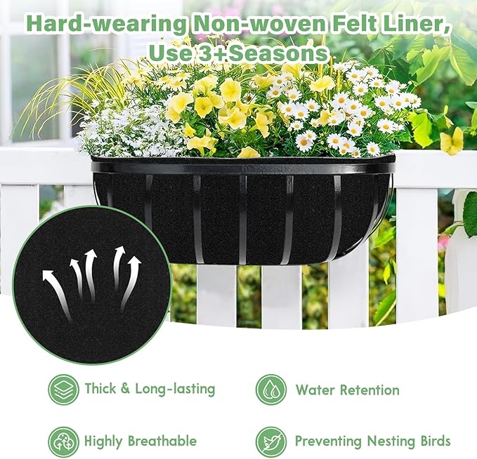 Riare 4 Pack 24 Inch Black Felt Window Box Liners- Fabric Trough Planter Basket Liners Replacement, Non-Woven Hanging Plant Liner for Wall Hanging Basket, Garden Fence Railing (Avoid Bird Nesting) Riare