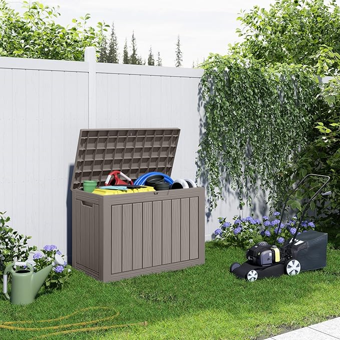 DRATO 45 Gallon Deck Box, Outdoor Storage Box for Patio Furniture, Patio Cushions, Gardening Tools, Pool Supplies 480lbs Weight Capacity,Waterproof Resin Storage Boxes (Light Brown, 45Gal) DRATOprovidesawarmandcozy