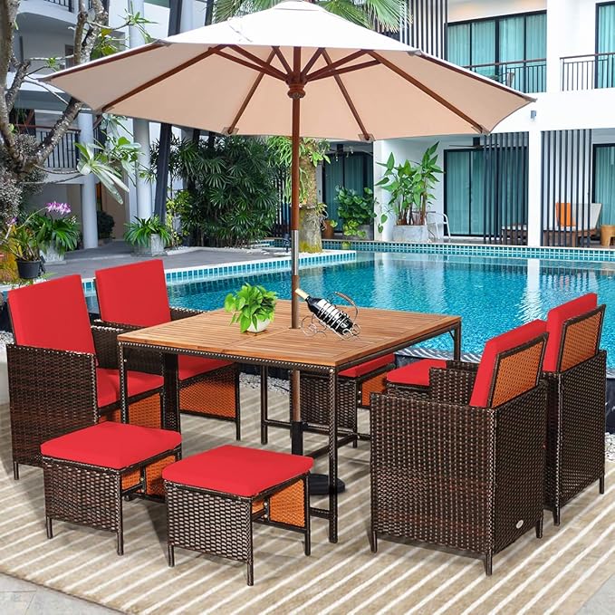Tangkula 9 Pieces Acacia Wood Patio Dining Set, Space Saving Wicker Chairs and Wood Table with Umbrella Hole Outdoor Furniture Set, Suitable for Garden, Yard, Poolside, Outdoor Seating Set TANGKULA
