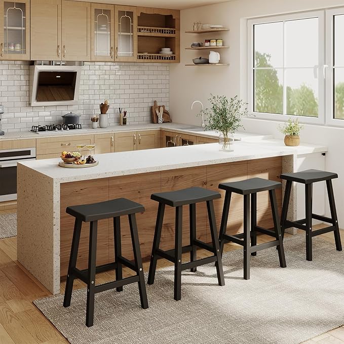 Bar Stools Set of 4, Waterproof UV-Resistant,Durable Resin Kitchen Island Chairs for Indoor & Outdoor Use, Modern Design for Home,Bar,and Cafe (29'' Black-4) OutdoorLivingPerfected