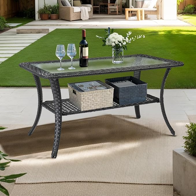 VINGLI Outdoor Coffee Table with Storage Wicker Patio Coffee Table, Tempered Glass Top Coffee Table for Patio Outside Balcony Porch Deck (Black) VINGLI