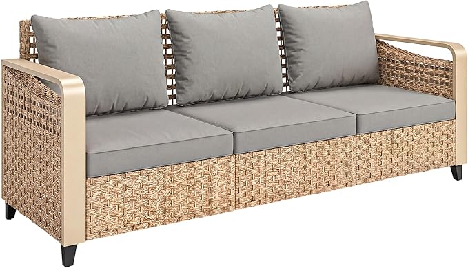 Outsunny Outdoor Patio Couch with Wide and Deep Seat, 3 Seater Wicker Outdoor Sofa with Wide Metal Armrests, Patio Furniture Couch with Cushions for Porch, Garden, Backyard, Gray | Removable Covers Outsunny