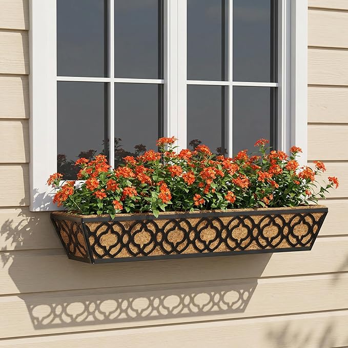 Y&M 2pcs 30" Window Boxes Horse Trough with Coconut Coir Liner,30 Inch Window Deck with Coco Liner, Black Metal Hanging Flower Planter Window Basket Deck Railing Planter Boxes for Outdoor Indoor YM