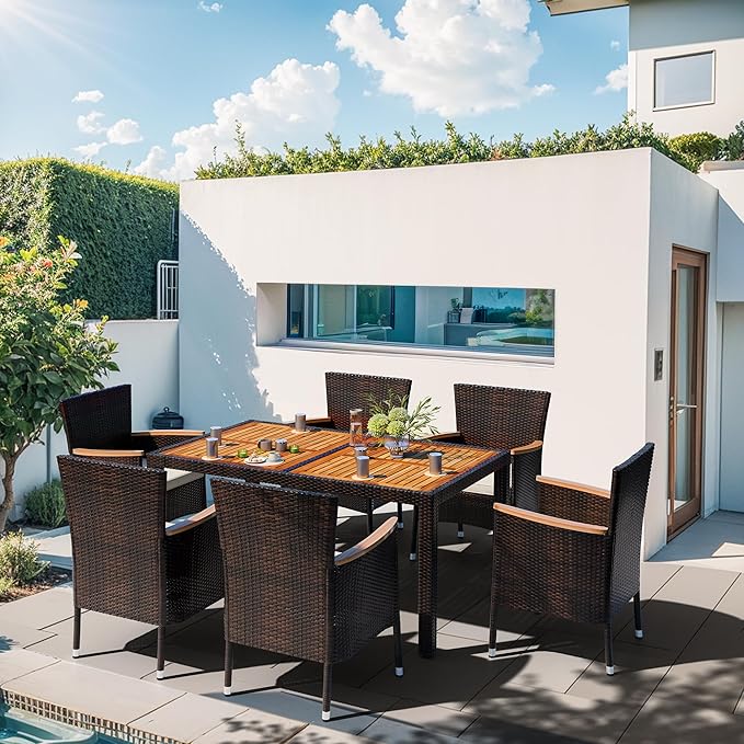 Shintenchi 7 Piece Patio Dining Set, Wicker Patio Conversation Set with Wooden Table Top, Outdoor Table and Chairs with Soft Cushions for Backyard, Deck and Garden, Brown Rattan Shintenchi