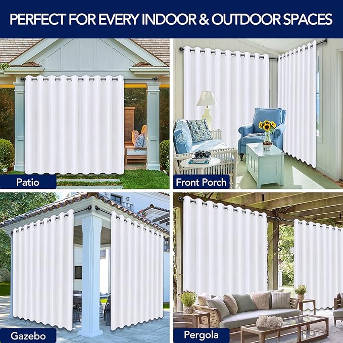 PureFit Outdoor Curtains for Patio Waterproof Weatherproof, UV Resistant Outside Curtains for Gazebo, Front Porch, Pergola, Sun Blocking Privacy Curtain, 150W x 95L inch, 1 Panel, White PureFit