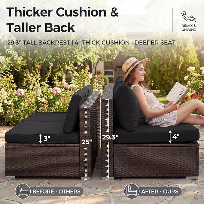 NICESOUL Large Size Patio Furniture Set with Fire Pit Natural Gas/Propane, 29.3'' High Backrest Luxurious Outdoor Modular Sofa Set, 9 Piece Heavy Duty Conversations, Brown Rattan and Black Cushion NICESOUL