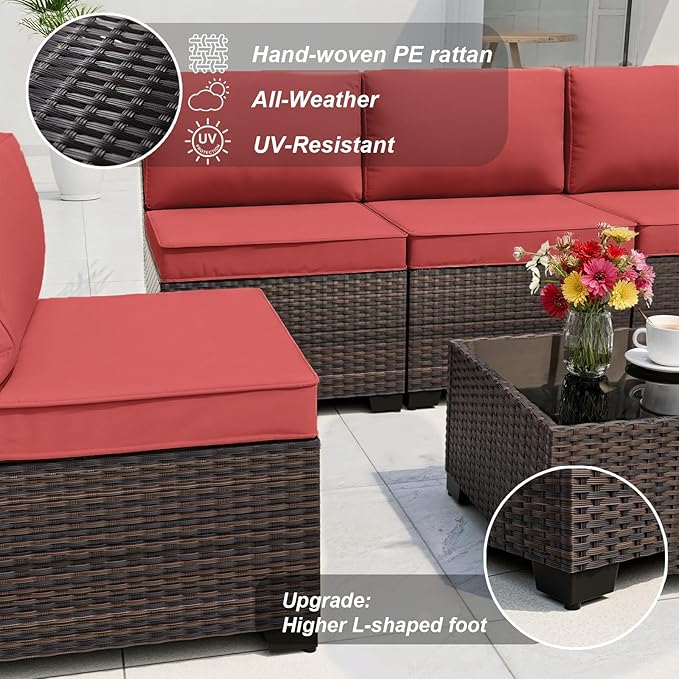 ALAULM Patio Furniture Set with Fire Pit Table 55000 BTU, Outdoor Sectional with Wide Seat and Thick Cushion, 15 Piece Wicker Rattan Conversation Set with Coffee Table for Garden, Deck, Red ALAULM