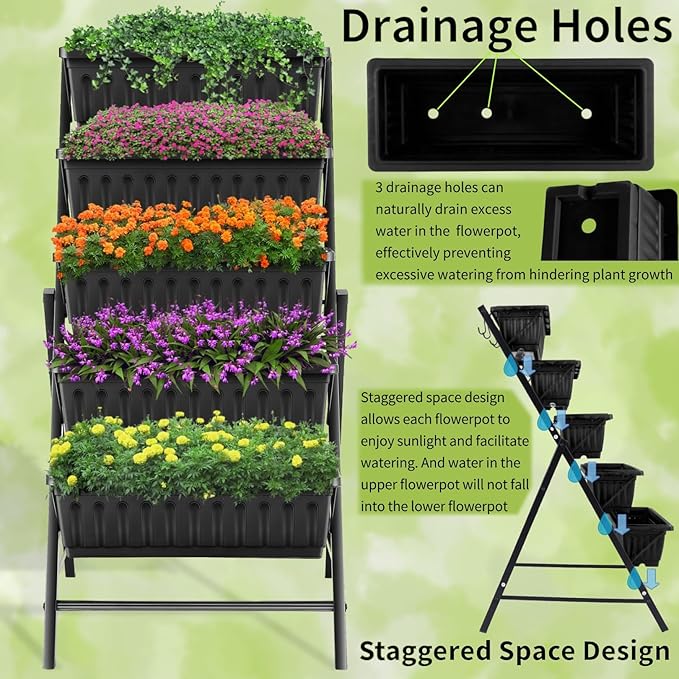 Homdox 3.74FT Vertical Garden Bed, 5 Tiers Vertical Raised Garden Planter, 23 * 26 * 45Inch Outdoor Garden Raised Bed with 4 Hooks, Vegetable Flower Planter Raised Stand for Garden Patio Yard, Black HOMDOX